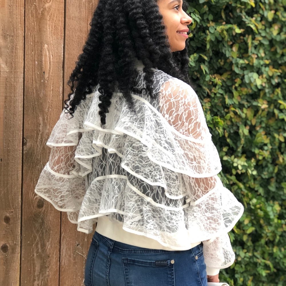 🌷SALE🌷Chic White Lace Ruffle Bomber - Picture 2 of 5